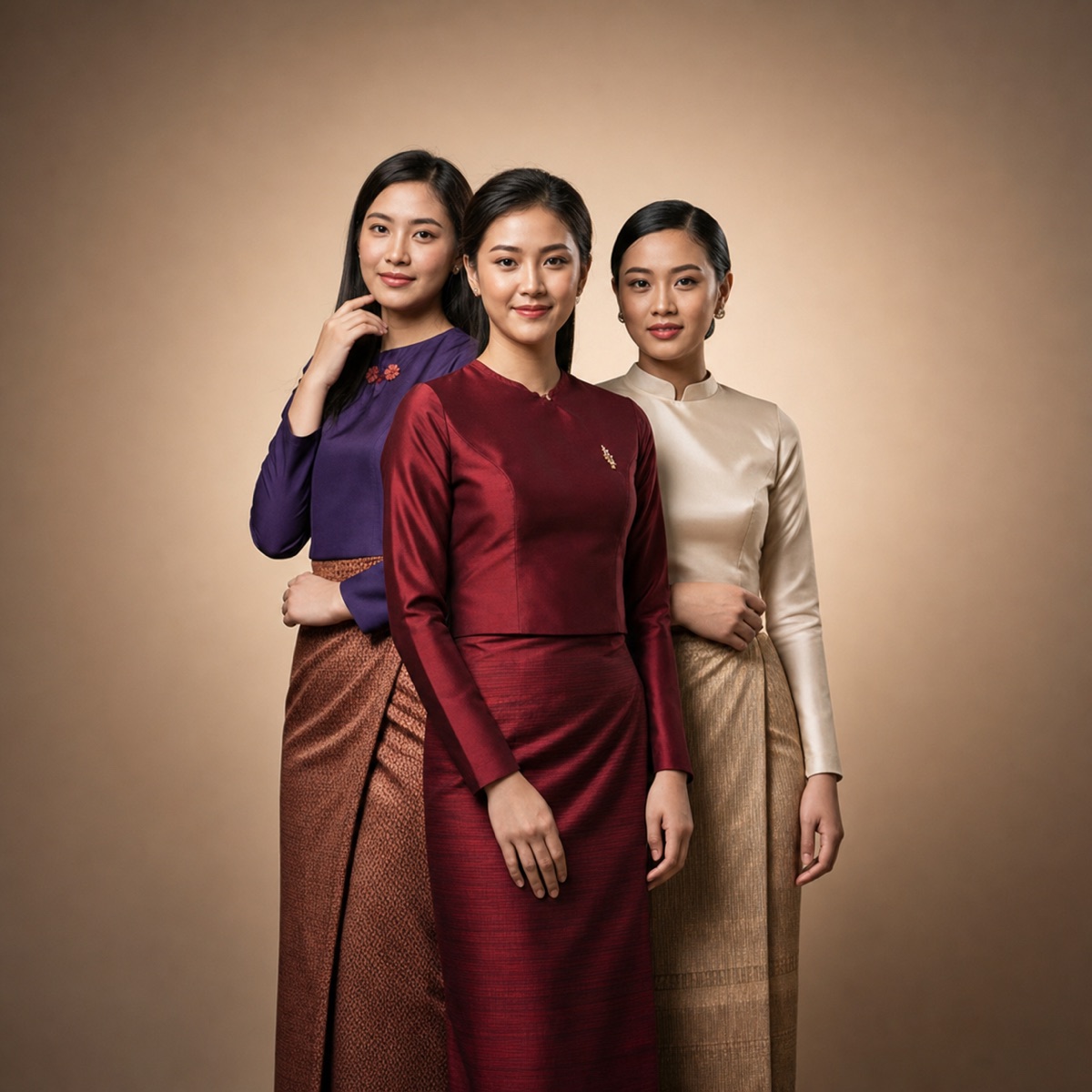 Three Myanmar women standing together in elegant traditional dress