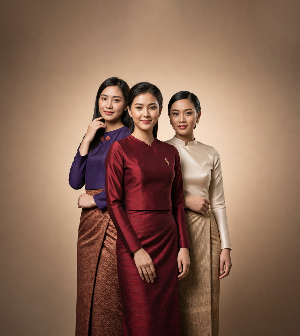 Three Myanmar women standing together in elegant traditional dress